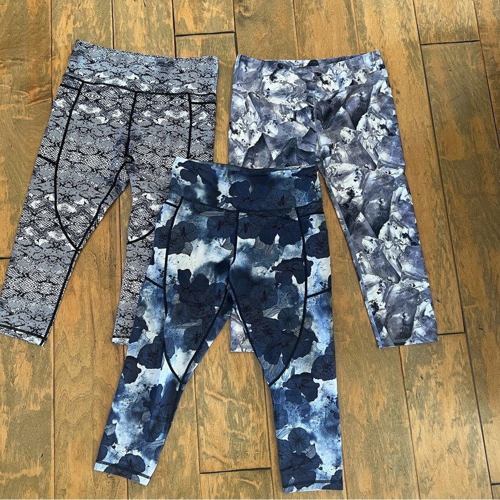 3 pair Zyia  8-10 floral, snake skin, tie-dye leggings crop 21” inseam